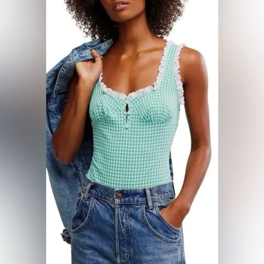 Free People Green Gingham Lace Bodysuit